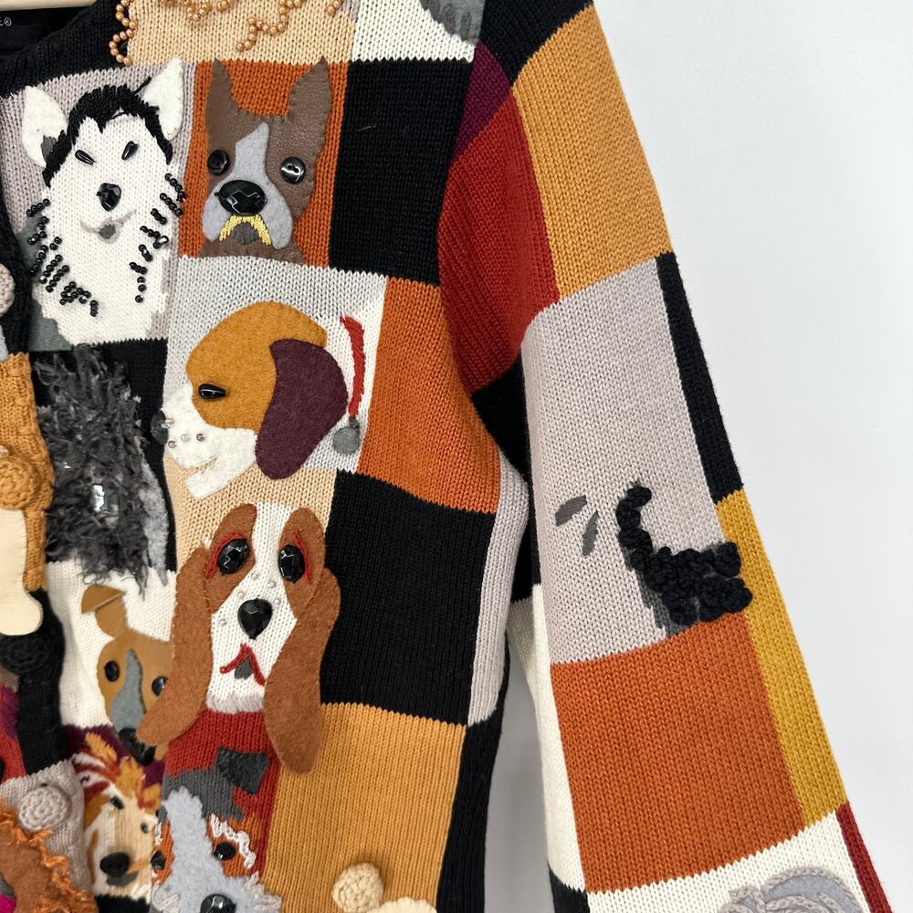 Michael Simon Vintage 90’s Dog Lover Patchwork Cardigan Sweater Beaded Novelty - Picture 9 of 13